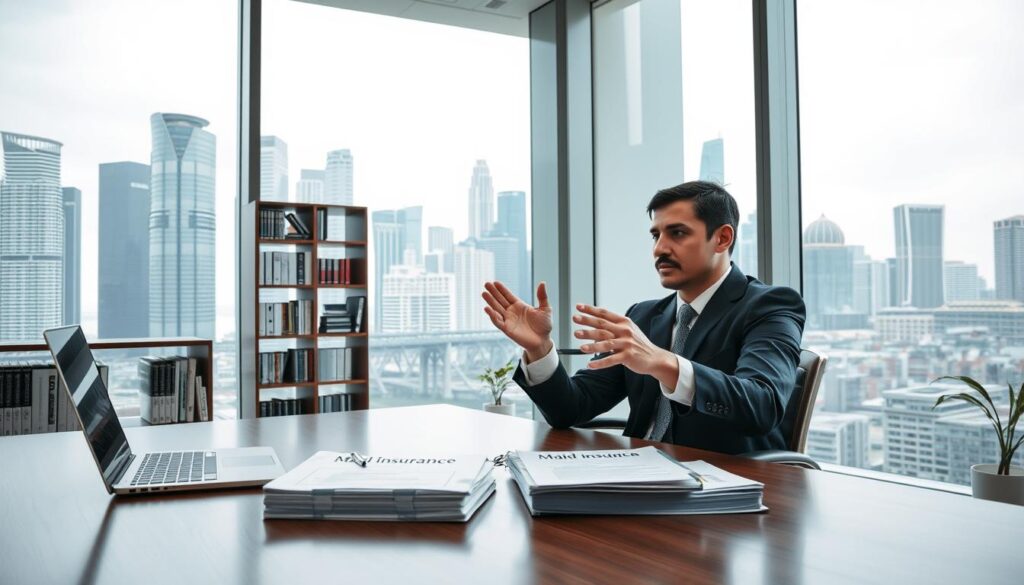 A sleek, modern office interior with a large window overlooking the Singapore skyline. In the foreground, a neatly organized desk with a laptop, pen, and a stack of documents labeled "Maid Insurance." A well-dressed individual, likely an insurance agent, is sitting at the desk, gesturing towards the documents while engaging in a conversation. The lighting is soft and natural, creating a professional yet approachable atmosphere. The middle ground features a bookshelf filled with insurance-related materials, and the background showcases the iconic skyscrapers and landmarks of Singapore's cityscape, conveying a sense of the local context.