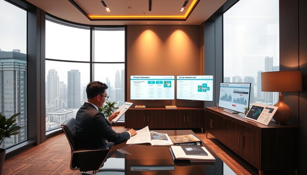 A sleek, modern office setting with large windows overlooking a cityscape. In the foreground, a well-dressed professional sits at a desk, examining various financial documents and digital displays showcasing different private retirement plan options. The middle ground features a stylish credenza with informative brochures and investment portfolios, while the background depicts a warm, yet professional atmosphere with sophisticated lighting and minimalist decor. The scene conveys a sense of informed decision-making and financial security, reflecting the topic of "Supplementing CPF: The Role of Private Retirement Plans".