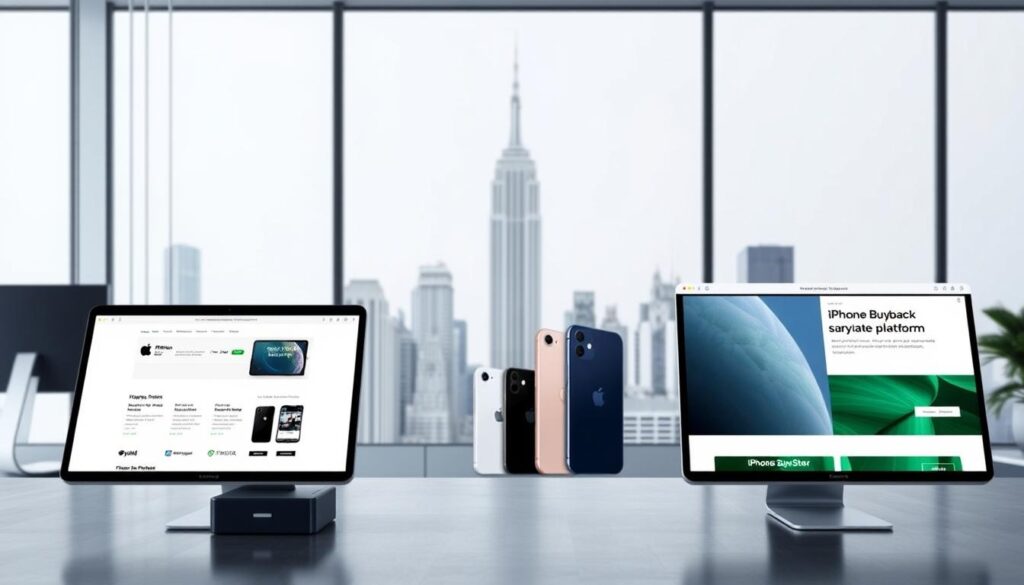 A sleek, modern office setting with three prominent iPhone buyback platforms displayed in the foreground. The platforms are rendered in high detail, showcasing their branding, interface, and key features. The middle ground features stylized product shots of various iPhone models, hinting at the diverse trade-in options. The background depicts a minimalist cityscape, conveying a sense of urban sophistication. Soft, directional lighting creates depth and highlights the sophisticated, professional atmosphere. The overall composition and color palette evoke a sense of reliability, efficiency, and technological prowess, aligning with the subject of the article.