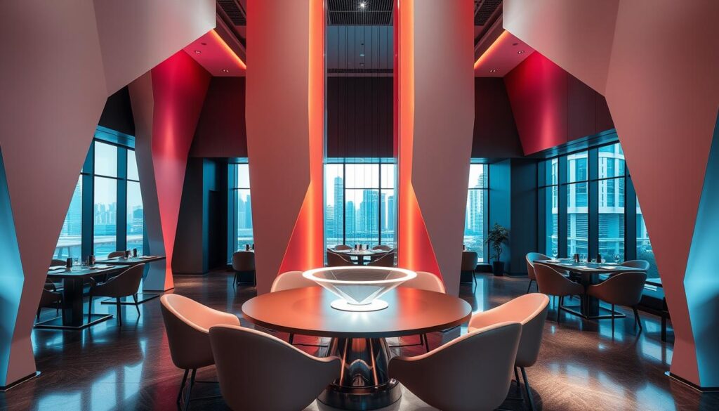 A sleek, modern restaurant interior with a unique, futuristic dining concept. The space features bold geometric shapes, metallic accents, and dynamic lighting that creates an immersive and visually striking atmosphere. In the foreground, a circular dining table with curved, minimalist seating is arranged around a striking central light fixture. The middle ground showcases tall, angular architectural elements that frame the scene, while the background reveals floor-to-ceiling windows offering a panoramic view of the Singapore skyline. The overall impression is one of a cutting-edge, avant-garde dining experience that would make any birthday celebration truly memorable.