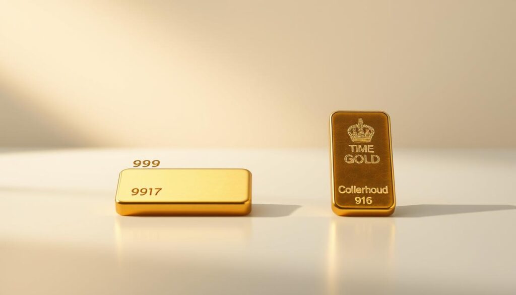 A sleek, modern tabletop scene showcasing two gold bars side-by-side, one labeled "999" and the other "916". The bars are backlit by a warm, directional light, casting subtle shadows and highlights that accentuate their metallic luster. The surface they rest on is a smooth, reflective material, creating a sense of depth and visual interest. The overall composition is clean, balanced, and focused, allowing the viewer to clearly compare the purity and quality of the two gold specimens.