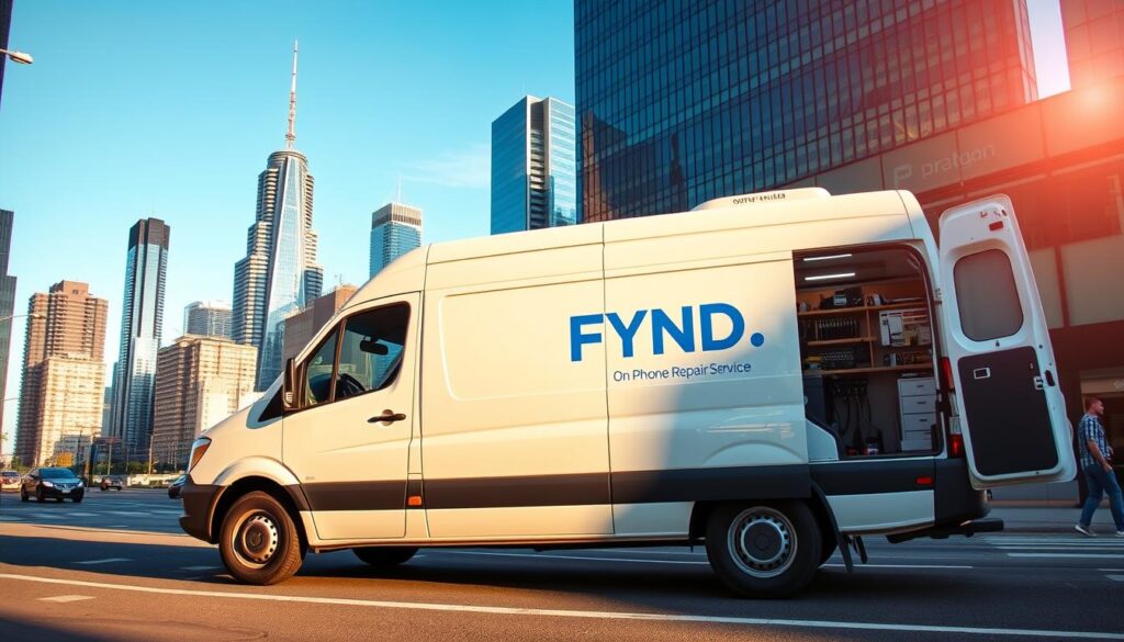 A sleek, white van with the FYND logo prominently displayed on the side, parked on a bustling city street. The van's interior is visible through the open side door, revealing a well-equipped mobile repair station with various tools and spare parts. The van is illuminated by a warm, afternoon sunlight, casting long shadows on the pavement. In the background, a modern city skyline with towering skyscrapers and a clear, azure sky creates a dynamic and professional atmosphere, conveying the sense of a reliable, on-the-go phone repair service.