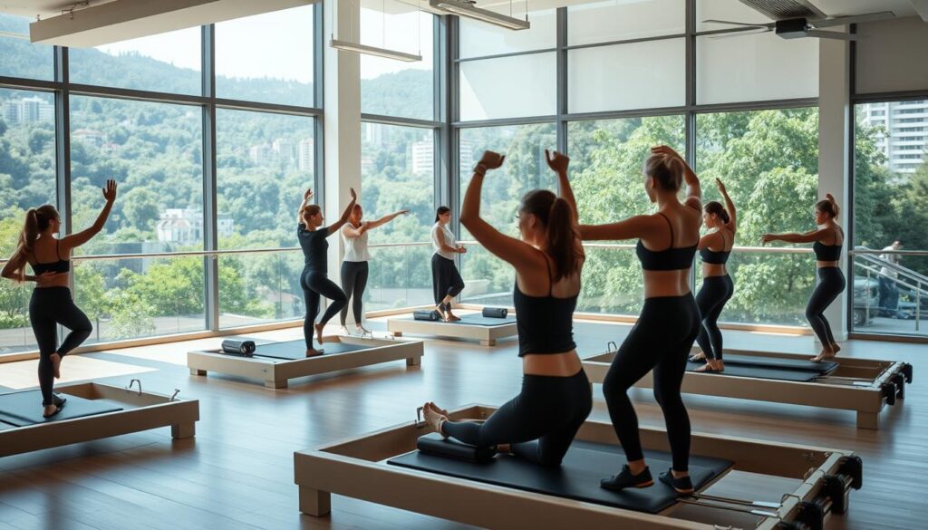 A spacious, well-lit Pilates studio with floor-to-ceiling windows overlooking a lush, verdant cityscape. In the foreground, a group of individuals engaged in a dynamic Pilates session, their bodies gracefully moving in sync as they flow through a series of core-strengthening exercises on sleek, modern equipment. In the middle ground, instructors demonstrate proper form, guiding the participants with a mix of encouragement and expertise. The background is filled with a serene, minimalist ambiance, with clean lines, neutral tones, and a sense of tranquility that permeates the space, creating an atmosphere conducive to focused, mindful movement.