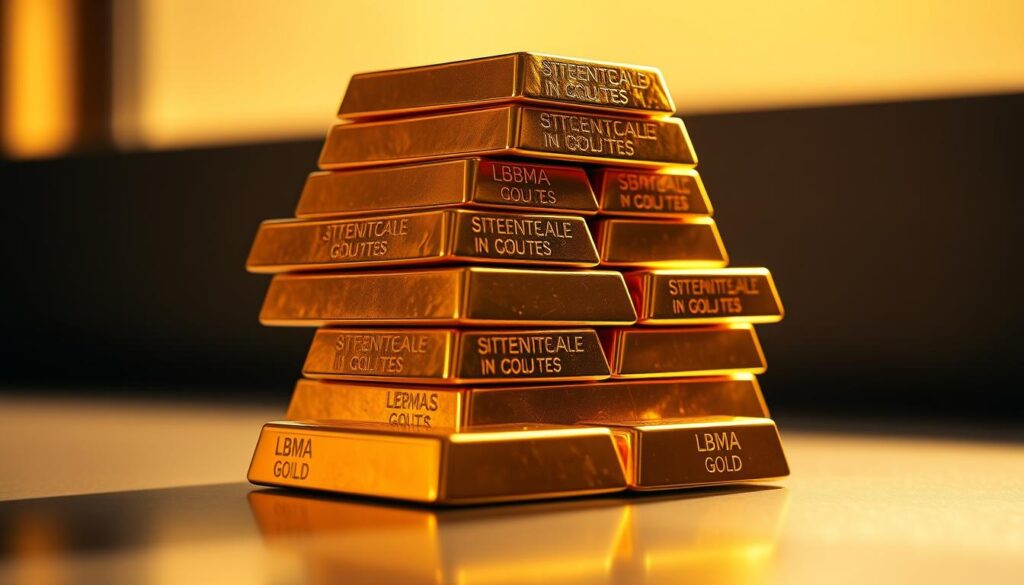 A stack of LBMA-accredited gold bars, shimmering under warm, directional lighting. The bars are arranged neatly on a smooth, reflective surface, casting subtle shadows that create depth and dimension. The gold has a rich, lustrous hue, capturing the viewer's attention. In the background, a subtle, neutral-toned environment complements the precious metal, allowing it to be the focal point. The overall composition conveys a sense of quality, purity, and the secure nature of investment-grade gold.
