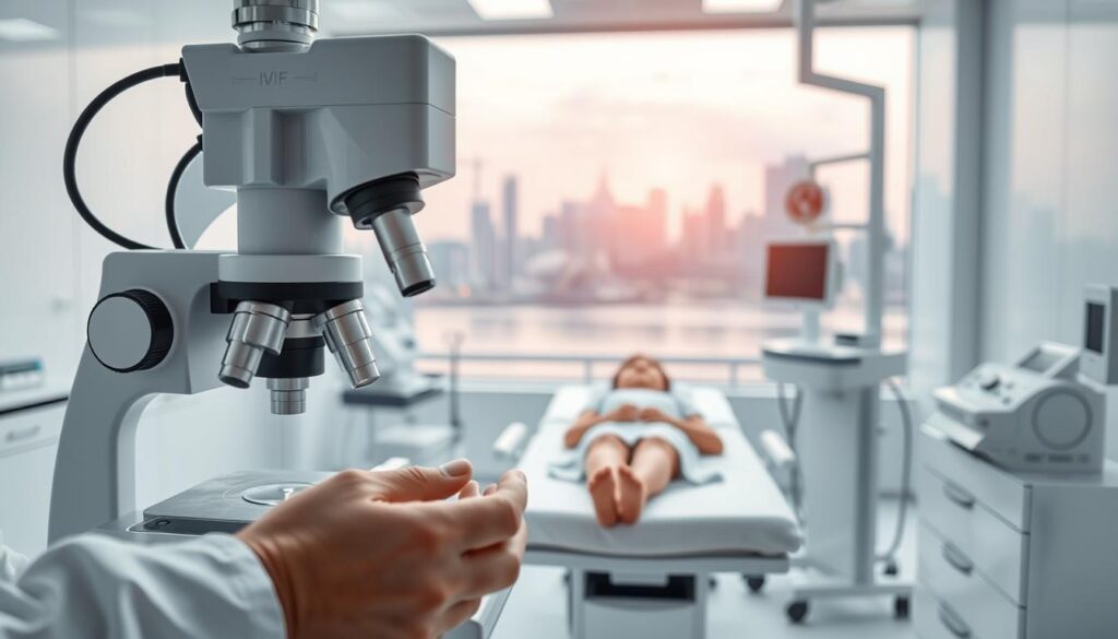 A sterile medical laboratory setting, bathed in soft, diffused lighting. In the foreground, a doctor's hands delicately manipulating embryos under a high-powered microscope. In the middle ground, a patient resting comfortably on an examination table, surrounded by state-of-the-art medical equipment. The background depicts a tranquil, calming scene of Singapore's iconic cityscape, conveying a sense of hope and reassurance. The overall mood is one of clinical precision, technological innovation, and compassionate care, capturing the essence of the IVF process in Singapore's leading fertility clinics.
