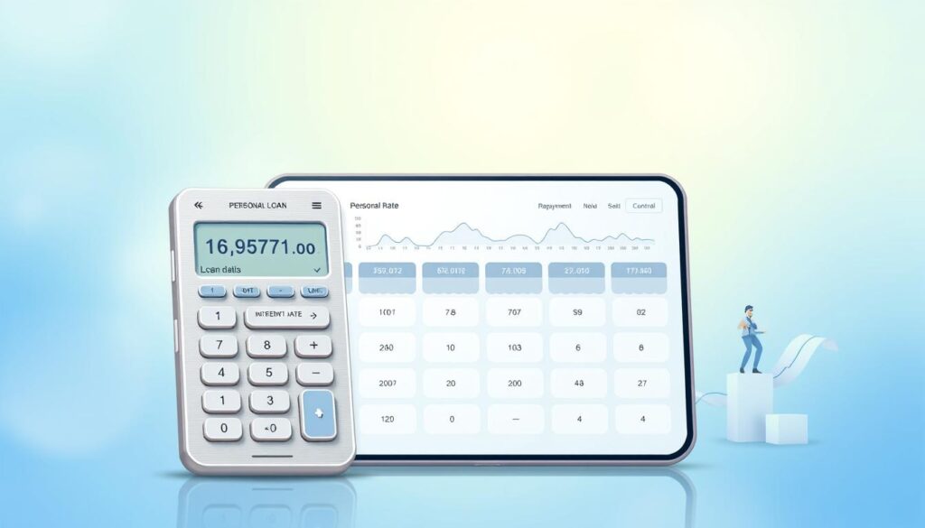 A stylized digital illustration of a personal loan calculator interface. The foreground features a modern, minimalist calculator design with clean lines and a sleek, metallic finish. The calculator display shows loan details such as interest rate, repayment period, and monthly installment. The middle ground includes financial graphs and charts, providing a visual representation of loan calculations. The background has a soft, blurred gradient in soothing hues of blue and green, creating a calm and professional atmosphere. The overall composition conveys a sense of financial control and informed decision-making.