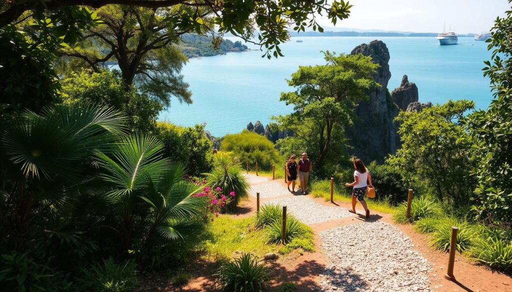 A sun-dappled coastal trail winds its way through the lush, verdant foliage of the Labrador Nature Reserve. In the foreground, a well-maintained path of pebbles and earth leads visitors past towering cliffs and rocky outcroppings overlooking the azure waters of the Singapore Strait. The middle ground features a mix of tropical flora, with swaying palms, ferns, and vibrant flowers adding splashes of color to the scene. In the distance, the horizon is dotted with the silhouettes of ships and yachts, creating a serene and picturesque backdrop. The lighting is soft and diffused, casting a warm, golden glow over the entire landscape and inviting exploration and relaxation along this tranquil coastal trail.