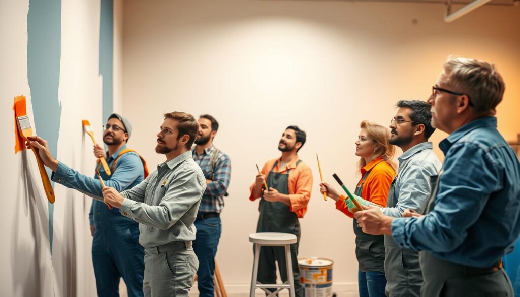 A team of skilled, diverse painters working in perfect harmony, brushes in hand, carefully applying vibrant, high-quality paint to a large, pristine wall. The foreground showcases their focused expressions and meticulous technique, while the middle ground reveals their coordinated movements and efficient teamwork. The background suggests a well-equipped, organized workspace with clean, modern equipment and supplies. Warm, diffused lighting creates a professional, productive atmosphere, highlighting the painters' expertise and the quality of their work. A team of skilled, diverse painters working in perfect harmony, brushes in hand, carefully applying vibrant, high-quality paint to a large, pristine wall. The foreground showcases their focused expressions and meticulous technique, while the middle ground reveals their coordinated movements and efficient teamwork. The background suggests a well-equipped, organized workspace with clean, modern equipment and supplies. Warm, diffused lighting creates a professional, productive atmosphere, highlighting the painters' expertise and the quality of their work.
