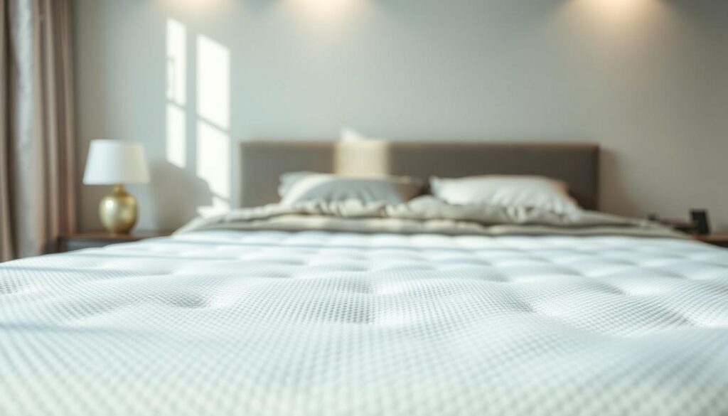 A tranquil, well-lit bedroom setting showcasing a mattress topper with advanced cooling features. In the foreground, a close-up view of the topper's intricate surface texture, highlighting its breathable, perforated design and moisture-wicking properties. In the middle ground, the topper is seamlessly integrated with a plush, high-quality mattress, creating a harmonious sleep surface. The background subtly features a soothing, minimalist decor, emphasizing the topper's ability to enhance the overall comfort and relaxation of the sleeping environment. Soft, diffused lighting from various angles gently illuminates the scene, accentuating the topper's cooling capabilities and the serene, inviting atmosphere.