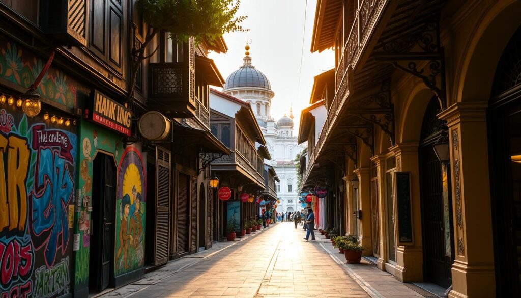 A vibrant alleyway in Kampong Gelam, Singapore, illuminated by warm evening light. In the foreground, colorful murals and street art adorn the walls, showcasing the neighborhood's rich cultural heritage. Intricate shophouse facades line the middle ground, their ornate architectural details casting intriguing shadows. In the background, the iconic domes of the Sultan Mosque rise majestically, adding to the enchanting atmosphere. The scene exudes a sense of lively activity, inviting the viewer to explore the art, history, and charm of this beloved cultural district. A vibrant alleyway in Kampong Gelam, Singapore, illuminated by warm evening light. In the foreground, colorful murals and street art adorn the walls, showcasing the neighborhood's rich cultural heritage. Intricate shophouse facades line the middle ground, their ornate architectural details casting intriguing shadows. In the background, the iconic domes of the Sultan Mosque rise majestically, adding to the enchanting atmosphere. The scene exudes a sense of lively activity, inviting the viewer to explore the art, history, and charm of this beloved cultural district.