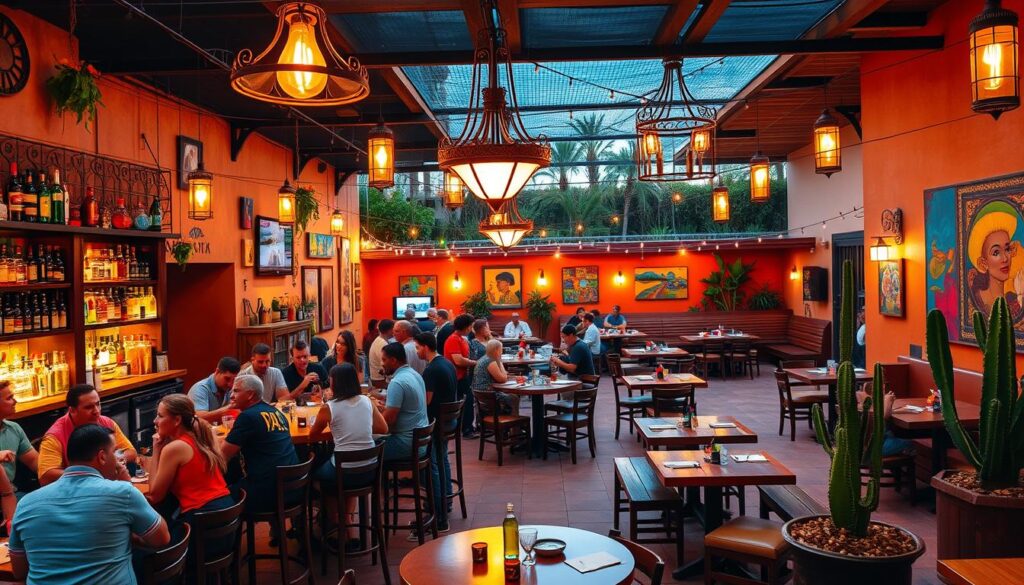 A vibrant, authentic Mexican cantina experience with lively decor and mouthwatering cuisine. In the foreground, a bustling bar area with hand-crafted cocktails and tequila bottles lining the shelves. Patrons gathered around high-top tables, laughing and enjoying lively conversation. In the middle ground, a large, open dining area with wrought-iron chandeliers casting a warm, amber glow. Walls adorned with colorful, traditional Mexican artwork and vibrant textiles. In the background, an open-air patio with string lights overhead, wooden benches, and potted cacti, inviting guests to relax and soak in the festive atmosphere. The scene exudes a sense of energy, flavor, and cultural immersion, transporting diners to the heart of Mexico.