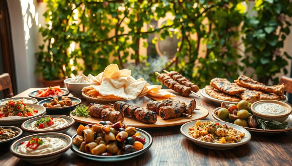 A vibrant display of Lebanese mezze and grilled meats on a rustic wooden table, bathed in warm, natural lighting. In the foreground, an array of small plates showcasing hummus, baba ghanoush, tabbouleh, and marinated olives. Skewers of tender, chargrilled lamb and chicken kebabs sizzle in the middle ground, accompanied by fluffy piles of freshly baked pita bread. In the background, a lush green vine-covered trellis sets the scene, evoking the laidback ambiance of a traditional Lebanese courtyard. The aroma of spices and charred meat fills the air, inviting the viewer to savor the authentic flavors of Ummi Beirut's culinary offering.