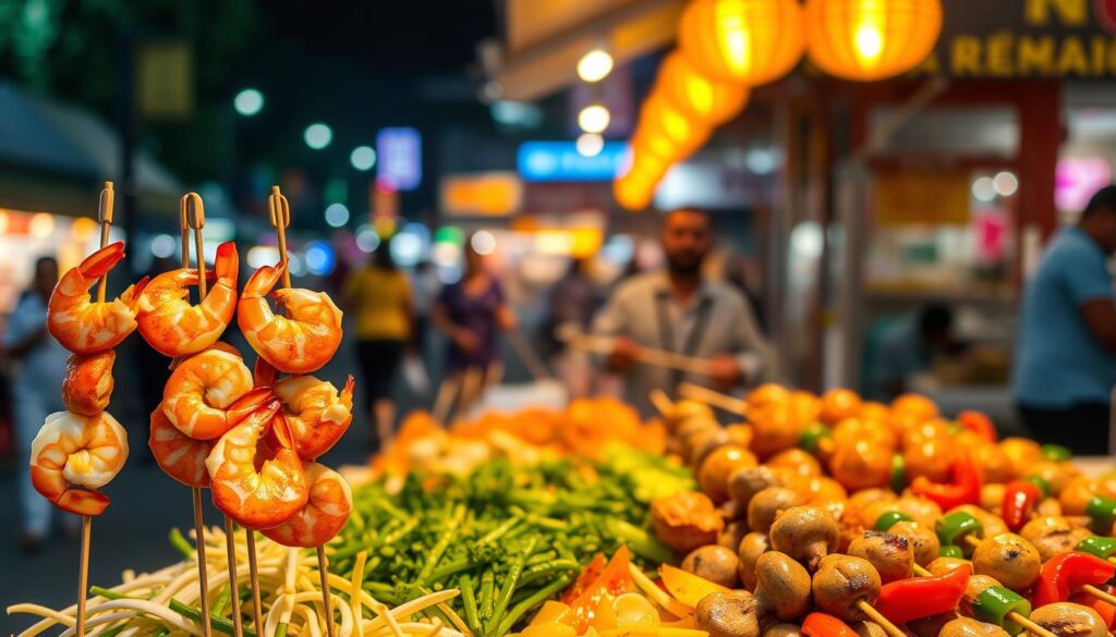 A vibrant display of Malaysian lok lok seafood skewers, sizzling under warm, golden lighting. In the foreground, an artful arrangement of plump shrimp, tender squid, and succulent fish balls, skewered and glistening. The middle ground showcases a variety of colorful, marinated vegetables - crisp bean sprouts, juicy mushrooms, and vibrant peppers. In the background, a blurred, lively street scene, hinting at the bustling atmosphere of a Malaysian night market. The overall mood is one of tantalizing aromas, lively energy, and the promise of a delicious, authentic culinary experience.