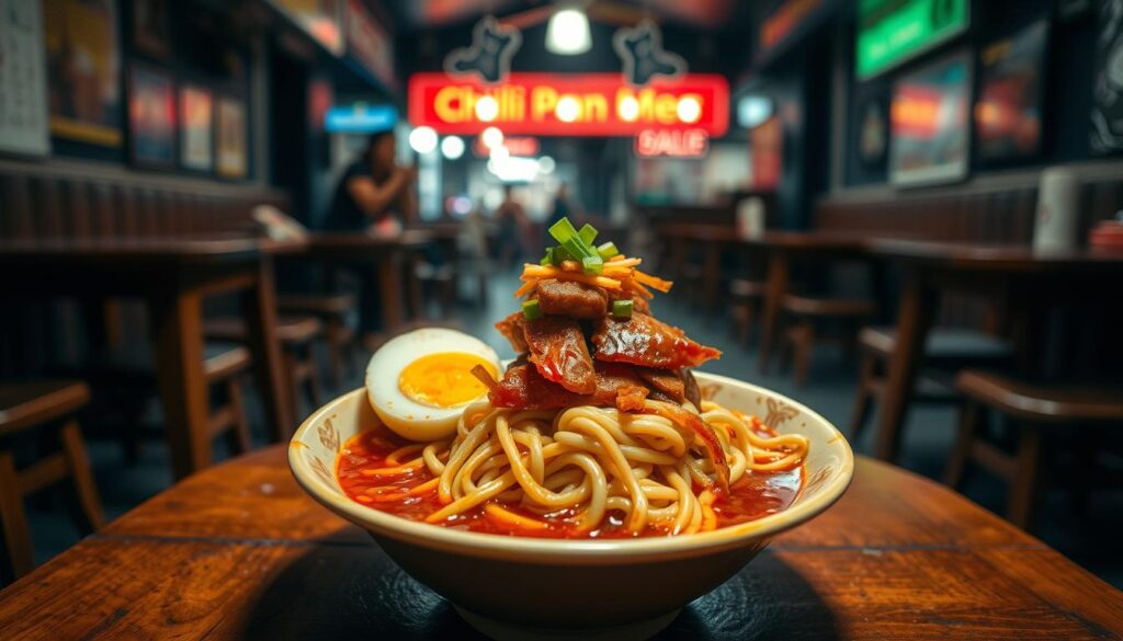 A vibrant, mouth-watering dish of chilli pan mee, showcased in a dimly lit, cozy hawker center on Batu Road. The steaming bowl takes center stage, its noodles glistening under the warm lighting, garnished with crispy pork lard, a soft-boiled egg, and fresh green onions. The rich, spicy chilli oil pools around the noodles, beckoning the viewer to take a bite. In the background, blurred wooden tables and stools set the scene, conveying the humble, authentic ambiance of a beloved local eatery. The image is captured with a shallow depth of field, creating a sense of focus and drawing the eye directly to the star of the dish.