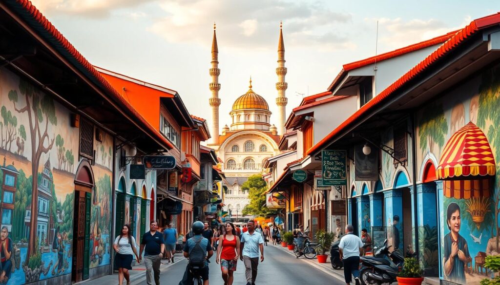 A vibrant street in Kampong Gelam, Singapore, adorned with captivating murals that come alive under the warm glow of the afternoon sun. Intricate brushstrokes depict scenes of local culture and heritage, with a mix of traditional and contemporary elements. In the foreground, pedestrians stroll leisurely, admiring the vibrant artwork that covers the walls and facades of the shophouses. The middle ground showcases the distinctive architecture, with its ornate details and colorful facades. In the background, the iconic Sultan Mosque stands tall, its golden domes and minarets adding to the atmospheric charm of the scene. The overall mood is one of artistic celebration, inviting viewers to immerse themselves in the rich cultural tapestry of this historic neighborhood.