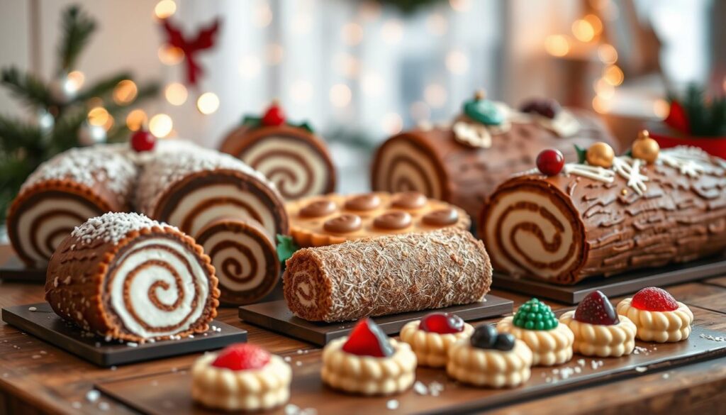 A visually appealing display of budget-friendly holiday desserts arranged on a rustic wooden table. In the foreground, a selection of neatly presented log cakes with delicate patterns and festive decorations, their textures ranging from smooth buttercream to lightly dusted with powdered sugar. In the middle ground, an assortment of petit fours, bite-sized treats with vibrant fruit toppings and intricate designs. The background features a softly lit, cozy setting with warm lighting and a subtle holiday ambiance, creating an inviting and celebratory atmosphere.