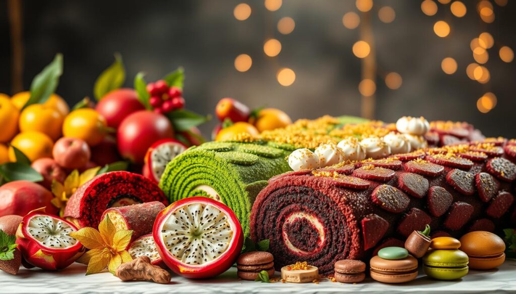 A visually arresting still life showcasing an array of exotic festive treats. In the foreground, an assortment of decadent log cakes in vibrant hues and textures - ruby red velvet, emerald green matcha, and shimmering gold-dusted. Interspersed are luscious tropical fruits like starfruit, dragonfruit, and passionfruit, their vivid colors and intricate patterns catching the warm, diffused light. In the middle ground, delicate handcrafted confections nestle among the cakes - crystallized ginger, cardamom-infused macarons, and fragrant pandan pandan kueh. The background is hazy, highlighting the rich, luxurious atmosphere, with hints of glimmering fairy lights and elegant tableware. The overall scene evokes a sense of celebratory indulgence and global flavors.