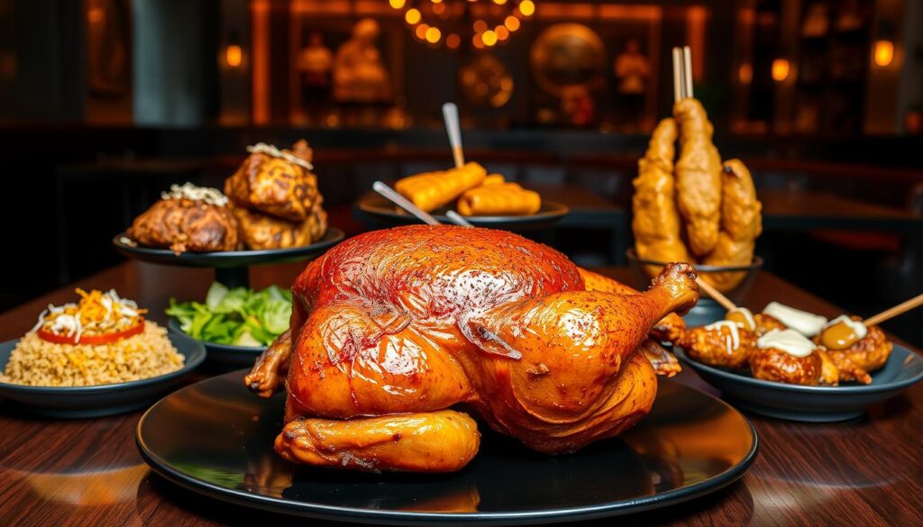 A visually striking scene of unique roast chicken dishes in Singapore. In the foreground, a succulent, glistening whole roast chicken, its skin a rich, caramelized brown, sits atop a sleek black platter. Surrounding it are three distinct sides - a fragrant, saffron-infused rice dish, a vibrant green salad with toasted coconut, and a creamy, curry-laced chicken satay with peanut sauce. The middle ground features a selection of other inventive roast chicken creations, including a chicken-and-waffle dish and a spicy, sambal-based rendition. The background is a dimly lit, cozy restaurant interior, with warm, golden lighting casting a soft glow over the scene. The overall mood is one of culinary elegance and Singaporean cultural fusion.