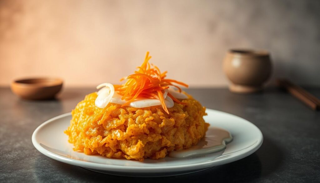A visually stunning Japanese-inspired rosti, presented on a sleek, modern plate. In the foreground, the rosti is golden-brown, its delicate, lacy edges curling up invitingly. Nestled atop the crisp exterior, glistening shreds of carrot and daikon radish add vibrant pops of color. The middle ground features a drizzle of creamy, umami-rich sauce, its silky texture and subtle seasoning complementing the starchy base. In the background, a minimalist, zen-inspired setting with muted tones of gray and white, allowing the rosti to take center stage. Diffused, warm lighting casts a gentle glow, heightening the dish's visual appeal. The overall composition evokes a harmonious fusion of Japanese and Swiss culinary traditions, inspiring the senses and whetting the appetite.