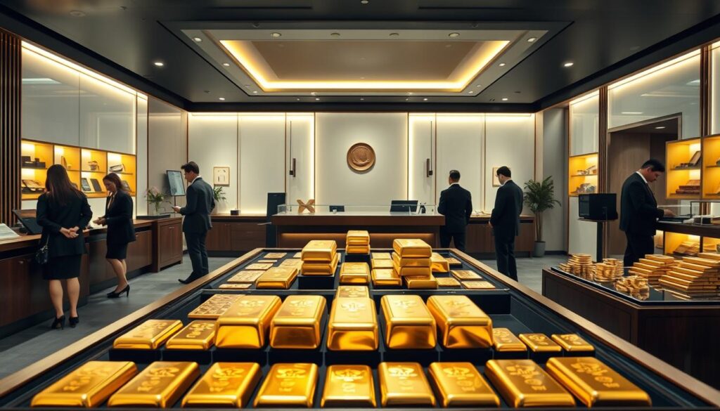 A well-lit, high-quality photograph of the interiors of a renowned bullion dealership in Singapore. The foreground showcases a display of gleaming gold bars and coins, meticulously arranged on a dark wood counter. In the middle ground, a team of professional, smartly dressed staff assist customers with their transactions, exuding an air of expertise and trustworthiness. The background features a tasteful, modern decor with clean lines, subtle lighting, and a serene, sophisticated ambiance, conveying a sense of reliability and exclusivity. The overall impression is one of a premier, trusted destination for purchasing gold in Singapore.