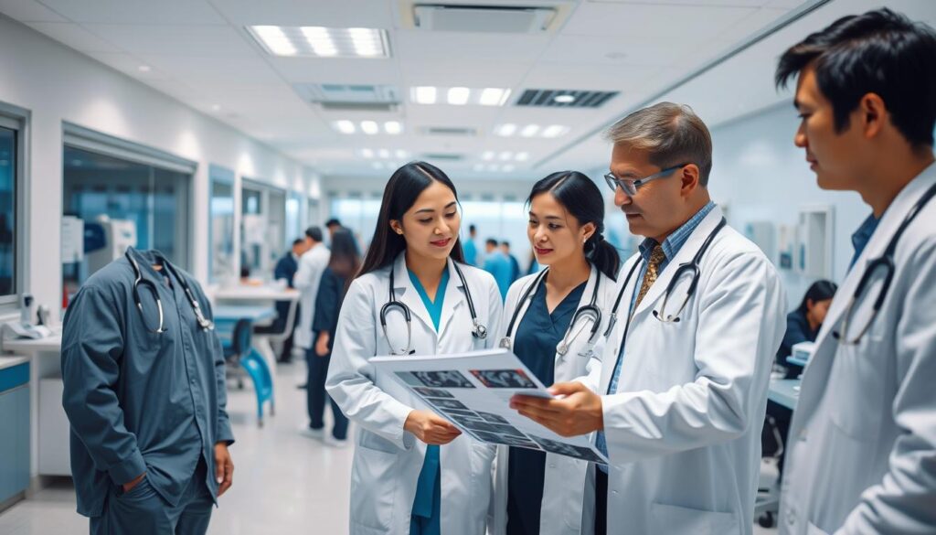 A well-lit, high-resolution image of a diverse group of orthopedic specialists in a modern medical clinic in Singapore. The foreground features three doctors in white coats and scrubs, consulting over x-rays and medical charts. The middle ground shows a reception area with patients waiting, and the background reveals state-of-the-art medical equipment and facilities. The scene conveys an atmosphere of professionalism, expertise, and compassionate patient care. The lighting is bright and natural, captured with a wide-angle lens to showcase the clinic's spacious, clean, and technologically advanced environment.