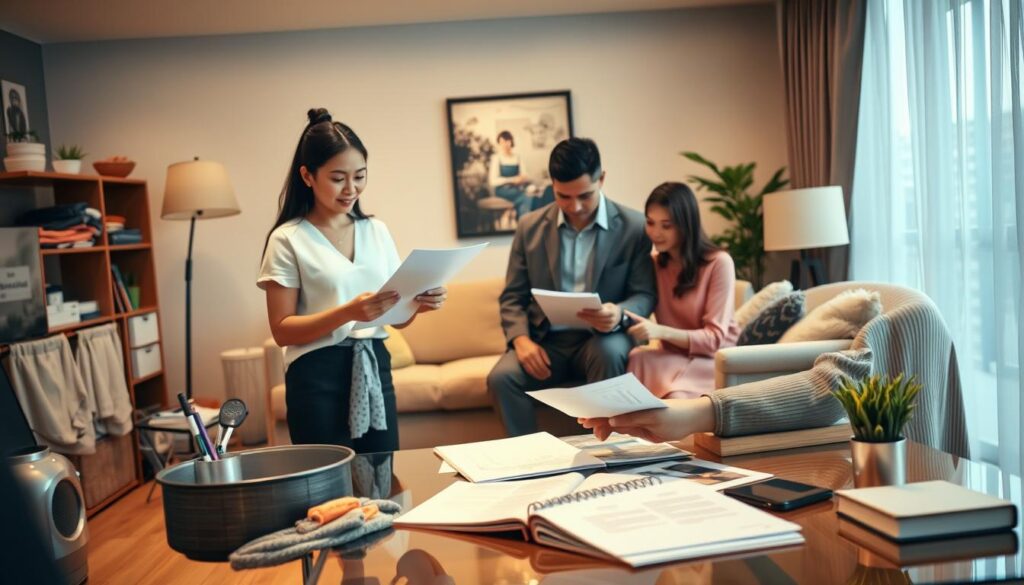 A well-lit, high-resolution image of a neatly organized home office scene showcasing the obligations of a foreign domestic helper. In the foreground, a female domestic worker diligently attending to various household tasks such as cleaning, laundry, and organizing documents. In the middle ground, an employer couple reviewing and signing important paperwork related to the domestic worker's employment contract and insurance policy. The background depicts a cozy, comfortable living room with tasteful decor, conveying a sense of professionalism and care in the employer-employee relationship. The lighting is soft and warm, creating a welcoming atmosphere. The camera angle is positioned to capture the interaction between the parties, emphasizing the collaborative nature of their obligations.