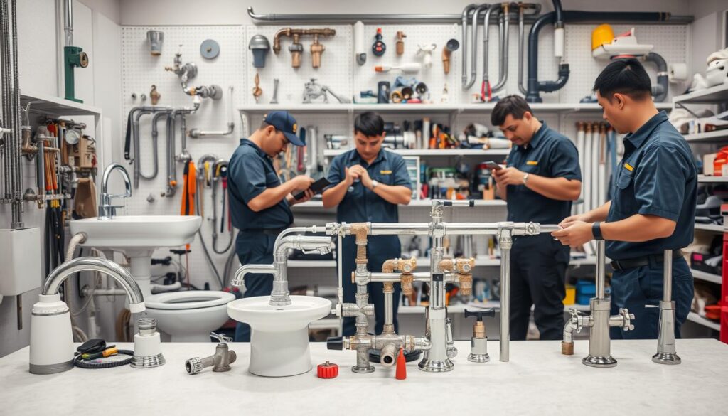 A well-lit, high-resolution photograph of a diverse range of plumbing services and tools commonly found in Singapore. In the foreground, a sink installation, a toilet repair, and a faucet replacement are being demonstrated by experienced plumbers in uniform. In the middle ground, a group of plumbers are examining a complex pipe system, using specialized tools and equipment. In the background, a selection of plumbing fixtures, such as showerheads, valves, and drainage pipes, are neatly organized on shelves, creating a sense of a professional, well-stocked plumbing workshop. The scene conveys an atmosphere of expertise, efficiency, and a commitment to providing comprehensive plumbing solutions to the residents of Singapore.
