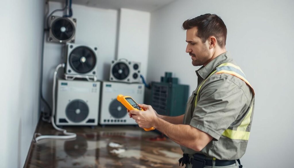 A well-lit, high-resolution photograph of a professional water damage repair service technician assessing water damage in a room. The technician is wearing a uniform and protective gear, examining a wet floor and wall with a moisture meter. In the background, industrial dehumidifiers and fans are visible, working to dry the affected area. The scene conveys a sense of efficient, reliable service, with the technician's focused expression and the organized, state-of-the-art equipment suggesting a thorough, effective approach to water damage restoration.