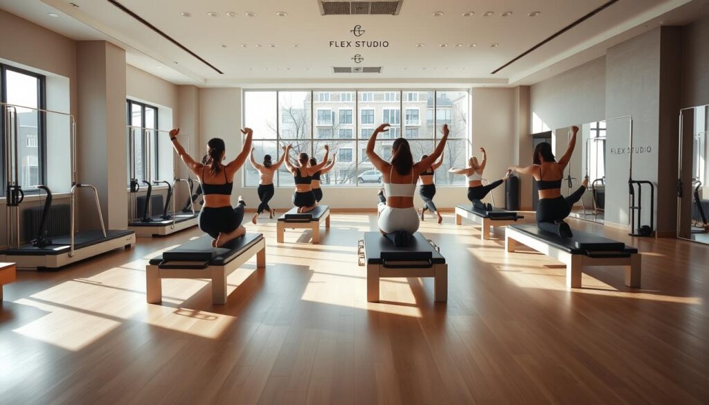 A well-lit, modern Pilates studio with sleek, minimalist decor. In the foreground, a group of people performing precise Pilates exercises on state-of-the-art equipment, their movements graceful and controlled. The middle ground features an elegant, airy space with large windows allowing natural light to flood in, creating a tranquil, rejuvenating atmosphere. In the background, subtle branding and signage for "Flex Studio" can be seen, hinting at the studio's unique blend of classic Pilates and contemporary sensibilities.