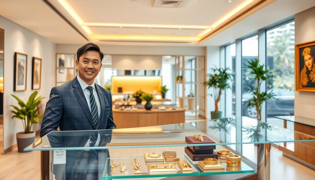 A well-lit, modern office interior of a licensed gold dealer in Singapore. In the foreground, a professional-looking gold dealer stands behind a sleek glass counter, dressed in a crisp suit and tie. On the counter, various gold bullion and jewelry are displayed. The middle ground features tasteful decor, including potted plants and artwork on the walls, conveying a sense of professionalism and trust. The background showcases floor-to-ceiling windows, allowing natural light to flood the space and creating a warm, inviting atmosphere. The overall scene exudes an air of reliability, expertise, and attention to detail - qualities that would appeal to those seeking the best place to sell their gold in Singapore.