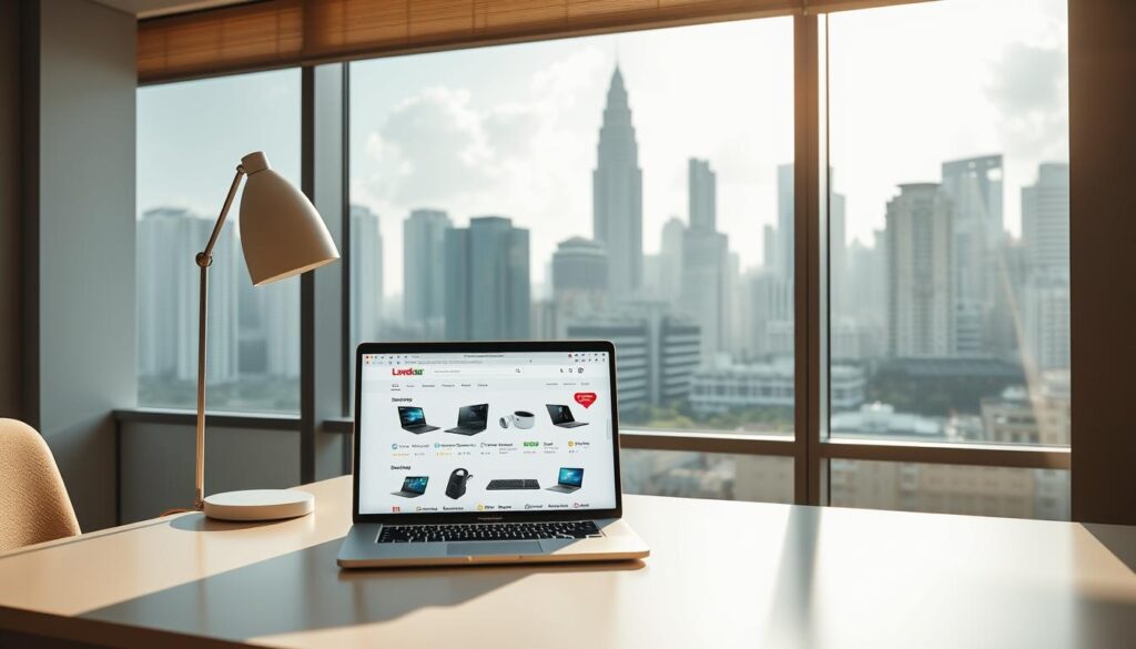 A well-lit, modern office scene with a laptop open on a clean, minimalist desk. The desk is situated in front of a large window overlooking the iconic Singapore skyline, bathed in warm afternoon sunlight. A minimalist, Scandinavian-inspired desk lamp casts a soft glow. The laptop screen displays a Lazada or Shopee online shopping interface, with a variety of laptop models and accessories available. The overall mood is one of productivity, efficiency, and the convenience of online shopping in the vibrant city of Singapore.