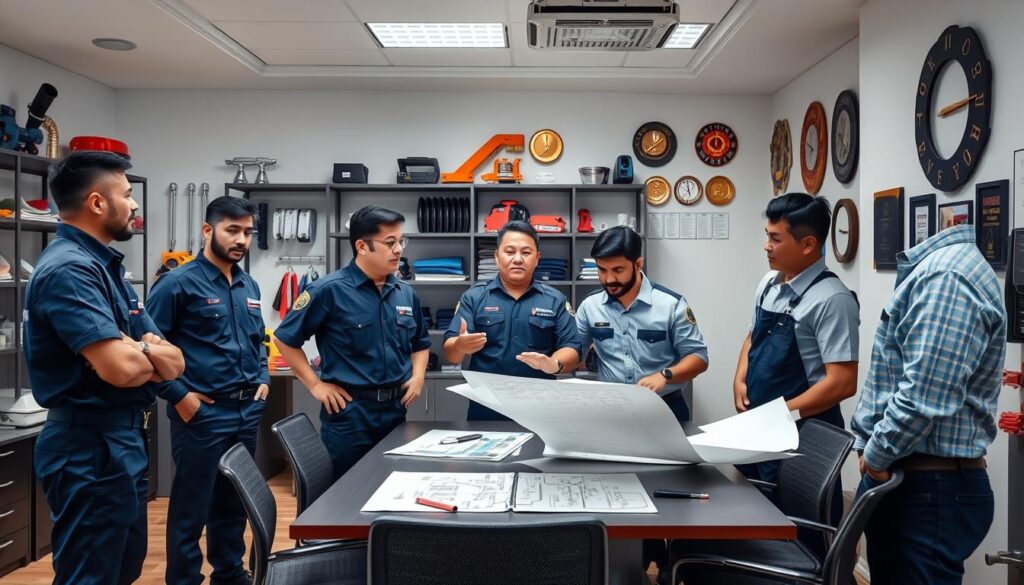 A well-lit office interior with a team of professional plumbers in uniform standing around a conference table, discussing plans and blueprints. In the foreground, a senior plumber gestures while explaining something to his colleagues. The middle ground features various plumbing tools and equipment neatly organized on shelves. The background showcases the company's logo and awards displayed on the walls, conveying a sense of expertise and reliability. The overall atmosphere is one of professionalism, efficiency, and a commitment to providing top-notch plumbing services in Singapore.