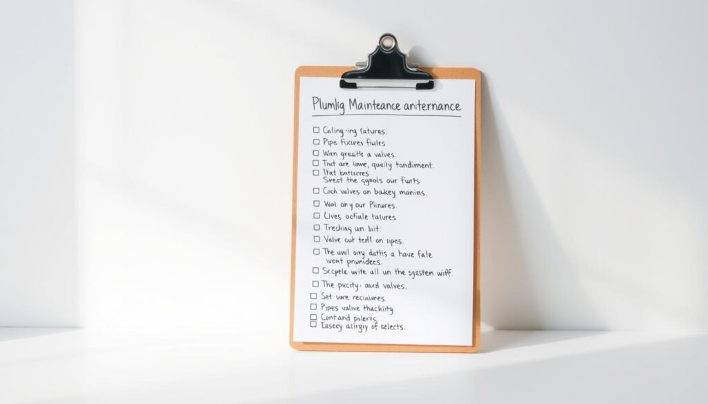 A well-organized plumbing maintenance checklist, neatly presented on a clipboard against a clean, minimalist background. The checklist is handwritten in a legible, professional style, with clearly delineated sections for different plumbing components, such as pipes, fixtures, and valves. The clipboard is held at a slight angle, casting a soft, natural shadow on the surface below. The lighting is bright and diffused, creating a sense of clarity and attention to detail. The overall mood is one of efficiency, organization, and a proactive approach to maintaining a healthy plumbing system.