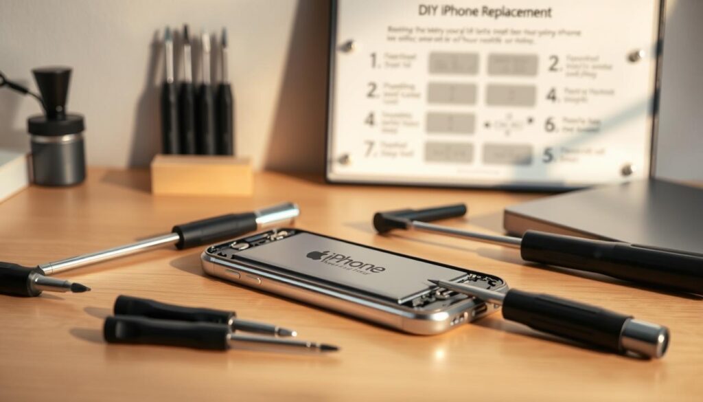 Affordable iPhone Battery Replacement A neatly arranged desktop scene showcases an open iPhone, its battery compartment exposed, alongside a toolkit of screwdrivers and precision tools. The lighting is warm and natural, casting a soft glow on the scene. In the background, a wall-mounted display shows step-by-step instructions for a DIY iPhone battery replacement, conveying a sense of accessibility and cost-effectiveness. The overall composition emphasizes the simplicity and affordability of the iPhone battery replacement process, inviting the viewer to consider this as a viable option for their device.