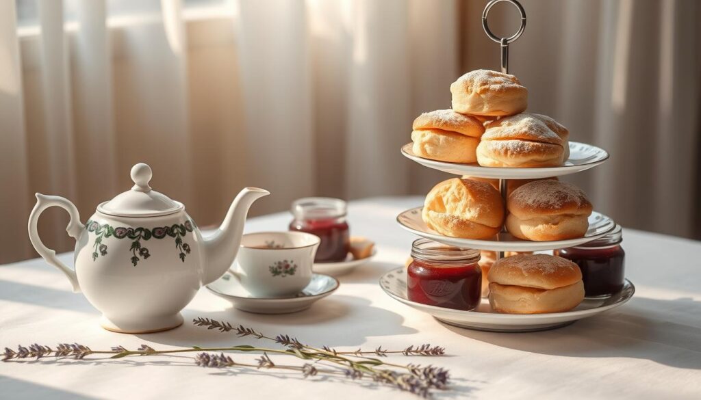 An elegant afternoon tea setting with a delicate porcelain teapot, matching cups and saucers, and a tiered stand displaying freshly baked scones. The scones are golden-brown, flaky, and dusted with powdered sugar, arranged artfully alongside jars of clotted cream and luscious fruit preserves. Soft natural light filters through sheer curtains, casting a warm glow over the scene. The table is adorned with a crisp, white linen tablecloth and a sprig of fragrant lavender, creating a refined and inviting atmosphere. The overall composition evokes a sense of refined British tradition and the comforting pleasures of an indulgent afternoon tea.