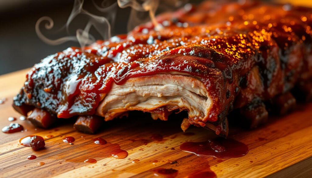 Finger-licking pork ribs, glistening with a thick, sticky glaze, resting on a wooden cutting board. Tender meat falls off the bone effortlessly, begging to be devoured. Wisps of fragrant smoke curl around the slab, hinting at the slow-cooked perfection within. Warm, golden lighting casts a tantalizing glow, highlighting the caramelized edges and inviting the viewer to reach out and grab a juicy rib. The scene evokes a sense of indulgence and unapologetic satisfaction, capturing the essence of why pork ribs are worth the delightful mess.