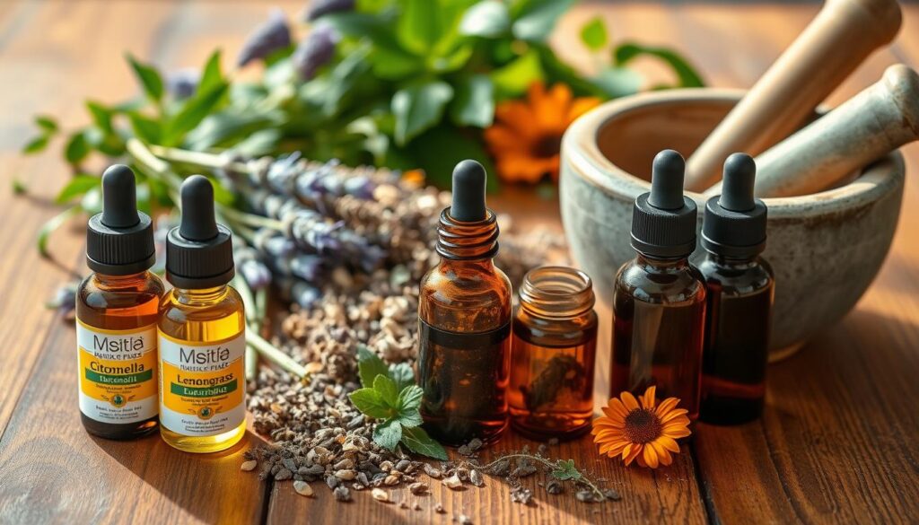 Ingredients for a natural mosquito repellent, arranged on a wooden table. In the foreground, various essential oils like citronella, lemongrass, and eucalyptus, presented in glass bottles with droppers. In the middle ground, dried herbs and flowers like lavender, catnip, and marigold. In the background, a handful of fresh leaves and a mortar and pestle. Warm, natural lighting casts a soft glow, emphasizing the organic, earthy tones. The composition is balanced and inviting, showcasing the key components of an effective, plant-based mosquito deterrent.