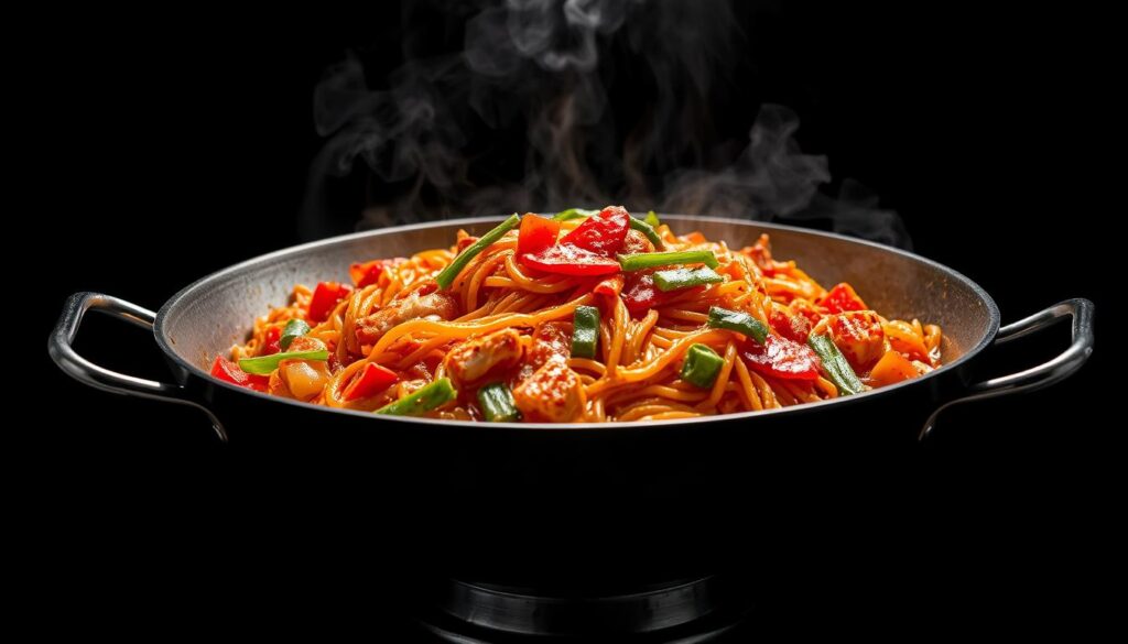 Mouthwatering red mee goreng, sizzling on a wok with a vibrant, glossy sheen. Tendrils of savory steam rise, revealing a medley of fresh vegetables and tender protein. The sauce glistens, its crimson hue deepened by a perfect balance of spices and aromatics. Dramatic overhead lighting casts dramatic shadows, accentuating the dish's textural complexity. A stainless steel wok rests atop a minimalist black background, the focal point of this culinary masterpiece. Capture the allure of this iconic Singaporean street food, inviting the viewer to savor its bold, irresistible flavors.