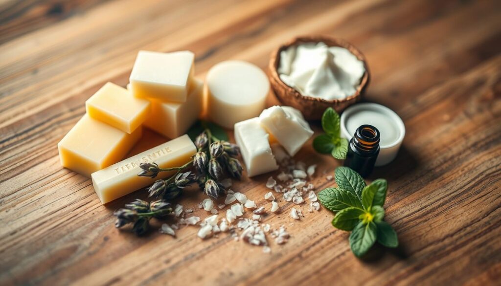 Neatly arranged on a natural wooden surface, an assortment of natural lip balm ingredients - beeswax, shea butter, coconut oil, and essential oils such as lavender and peppermint. The lighting is soft and diffused, casting a warm, inviting glow. The camera angle is slightly elevated, providing a visually appealing, close-up perspective that showcases the textures and hues of the ingredients. The overall mood is one of tranquility and simplicity, reflecting the natural and nourishing nature of these lip balm components.