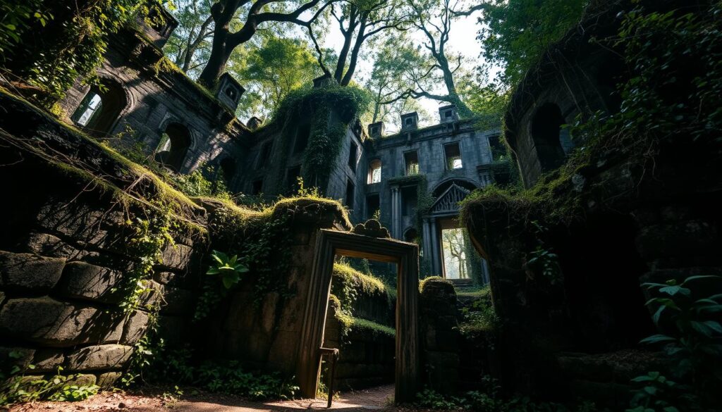 Overgrown ruins of Thomson Nature Park, Singapore. An eerie, atmospheric scene. Crumbling stone structures, covered in lush vegetation, moss, and vines. Sunlight filters through the canopy, casting dramatic shadows. In the foreground, a dilapidated archway leads into the decaying complex. Weathered, time-worn textures. A sense of tranquil abandonment, nature reclaiming the man-made. The scene evokes a melancholic beauty, a quiet contemplation of the passage of time. Captured with a wide-angle lens to emphasize the scale and grandeur of the ruins. An otherworldly, cinematic quality to the lighting and composition.