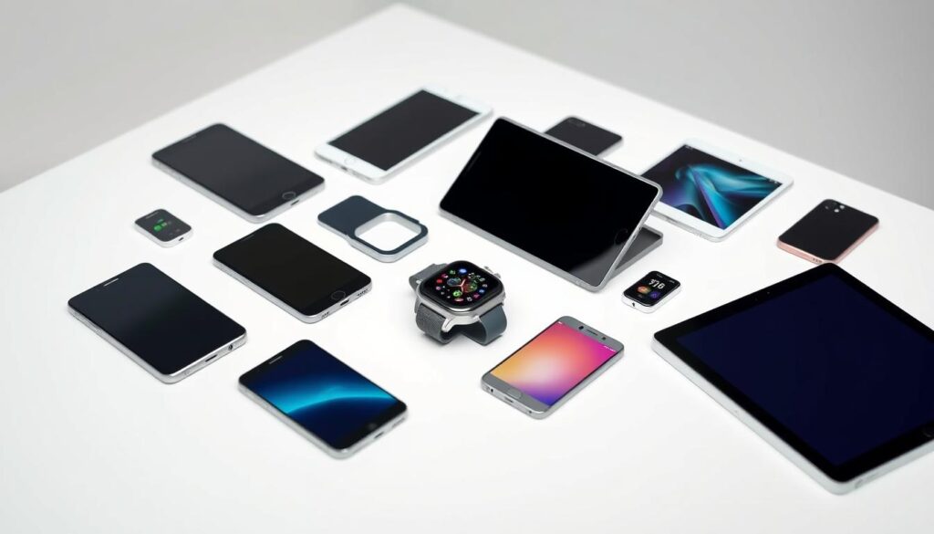 Sleek and modern eSIM-compatible devices arranged neatly on a minimalist white tabletop, showcasing the latest smartphones, smartwatches, and tablets in a crisp, well-lit studio setting. The devices are positioned at various angles, highlighting their design features and digital connectivity capabilities. The scene exudes a sense of technological sophistication and seamless mobility, reflecting the benefits of eSIM technology for Singapore's tech-savvy consumers.