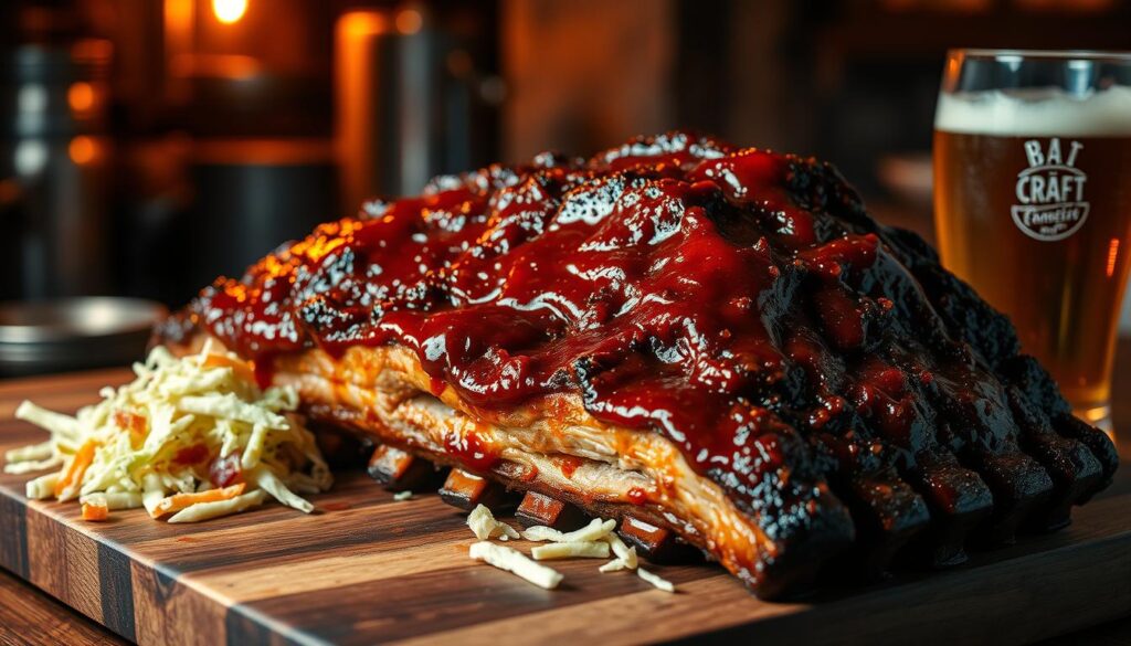 Slow-cooked pork ribs, sizzling and succulent, bathed in a rich, glistening barbecue sauce. The ribs are grilled to perfection, with a charred, caramelized exterior that gives way to tender, fall-off-the-bone meat. The scene is set in a rustic, dimly lit kitchen, with warm, golden lighting casting a cozy glow on the dish. The ribs are presented on a wooden cutting board, accompanied by a side of crisp, fresh coleslaw and a glass of craft beer, creating a mouthwatering and inviting composition that captures the essence of indulgent, slow-cooked goodness.