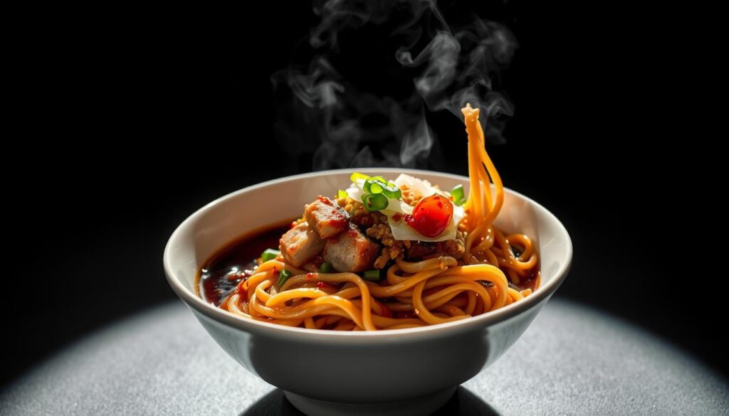 Steaming hot Korean noodles, slick with a rich and savory black bean sauce, nestled in a deep white bowl. Thick, chewy noodles twisting and curling, topped with tender pork, crunchy onions, and vibrant green chives. Dramatic shadows cast by a single spotlight illuminate the dish, creating a bold, cinematic atmosphere. The noodles glisten, begging to be slurped up enthusiastically. A minimalist, modern backdrop allows the star of the show - the mouthwatering jajangmyeon - to take center stage.