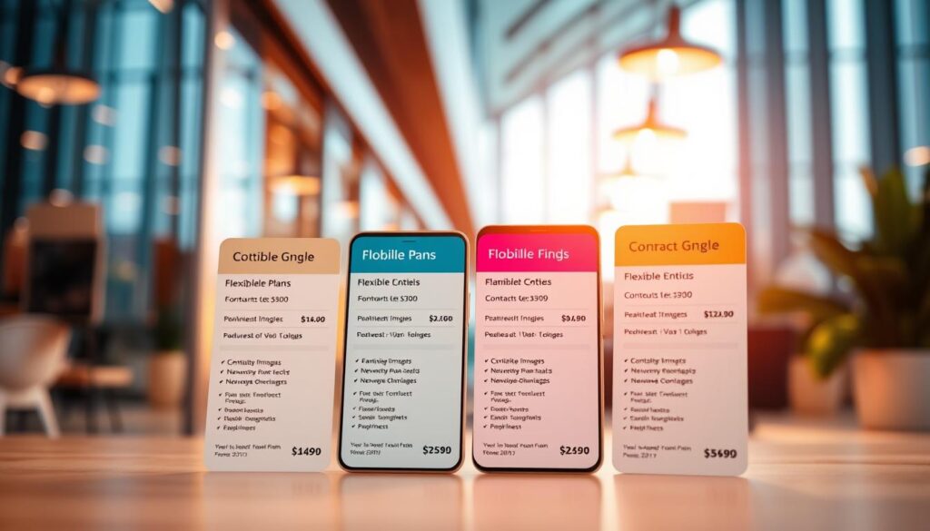 a close-up shot of two different mobile phone plans with flexible contract lengths, one in the foreground and one in the middle ground, set against a blurred background of a telecommunications office with sleek, modern architecture and large windows, the scene bathed in warm, directional lighting that highlights the details of the plans' features and pricing, creating a sense of professionalism and clarity