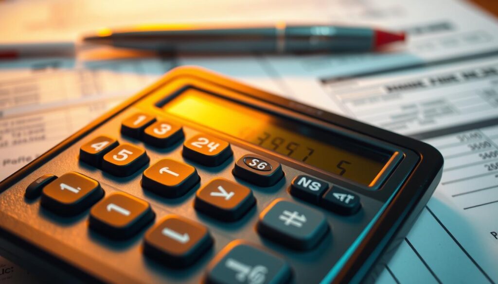 a close-up view of a calculator with various numerical figures and symbols representing processing fees, set against a blurred background of financial documents and forms, illuminated by warm, focused lighting to emphasize the calculator's importance and the seriousness of the subject matter