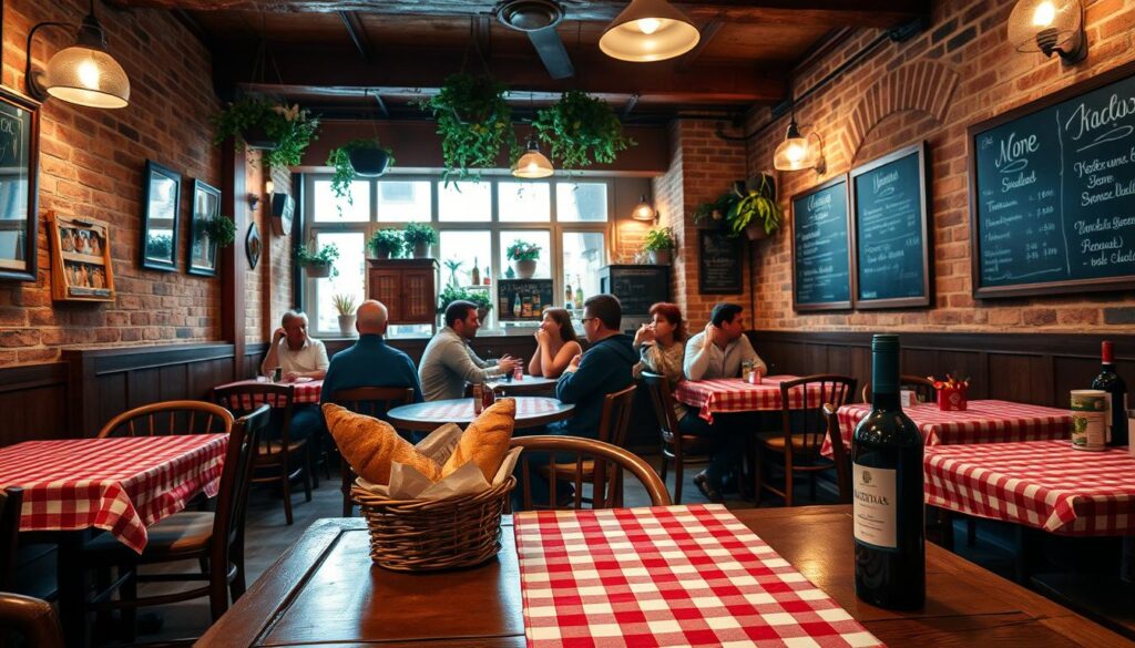 a cozy Italian trattoria with warm lighting and a rustic, inviting atmosphere. The foreground features a wooden table set with a red-and-white checkered tablecloth, a basket of fresh bread, and a bottle of red wine. In the middle ground, patrons are seated at small tables, enjoying their meals and conversing animatedly. The background showcases the trattoria's exposed brick walls, hanging plants, and a chalkboard menu. The scene is captured with a wide-angle lens, creating a sense of depth and immersion, as if the viewer is seated at one of the tables, experiencing the authentic ambiance of this traditional Italian eatery.