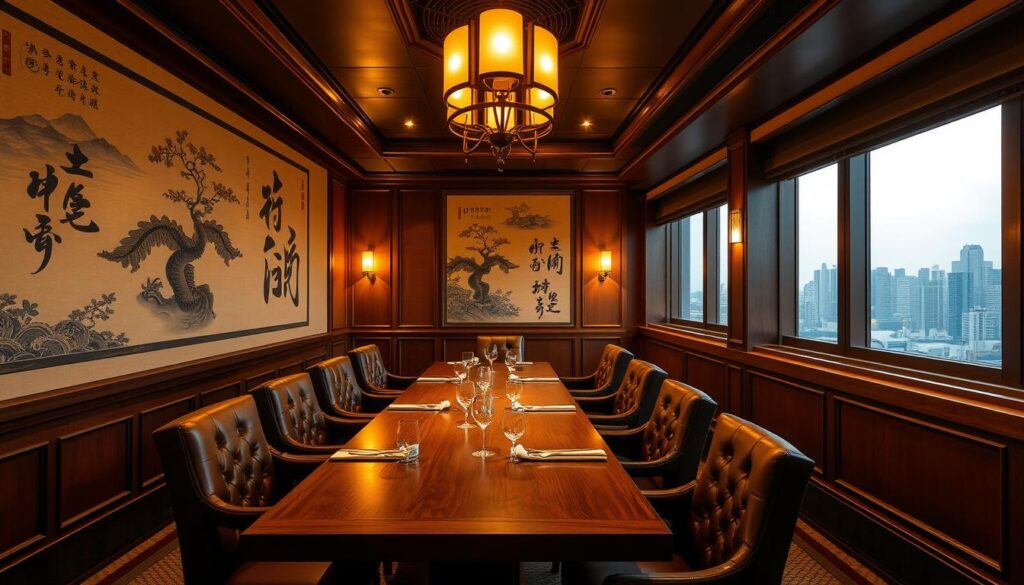 a cozy and elegant private dining room in Singapore, featuring a long wooden table surrounded by plush leather chairs, illuminated by soft, warm lighting from overhead chandeliers. The walls are adorned with intricate Asian-inspired artwork and calligraphy, creating a serene and sophisticated ambiance. Large windows offer a glimpse of the city skyline, providing a picturesque backdrop for an intimate celebration. The room exudes a sense of exclusivity and refinement, perfect for a small group to gather and enjoy a memorable dining experience.