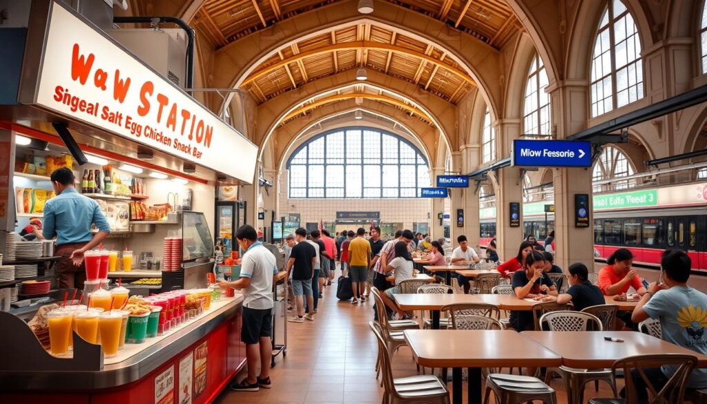 a cozy and lively snack bar in Singapore's bustling train station, with a vibrant and inviting atmosphere. The foreground features a well-stocked counter showcasing a variety of delectable snacks and drinks, including the signature salted egg chicken dish. The middle ground captures patrons eagerly ordering and enjoying their meals at the neatly arranged tables and chairs. In the background, the station's architectural details, such as high ceilings and large windows, create a sense of grandeur and natural light, conveying a budget-friendly yet charming dining experience. The scene is illuminated by a warm, soft lighting that enhances the welcoming ambiance, inviting visitors to savor the flavorful and affordable offerings of the New Station Snack Bar.