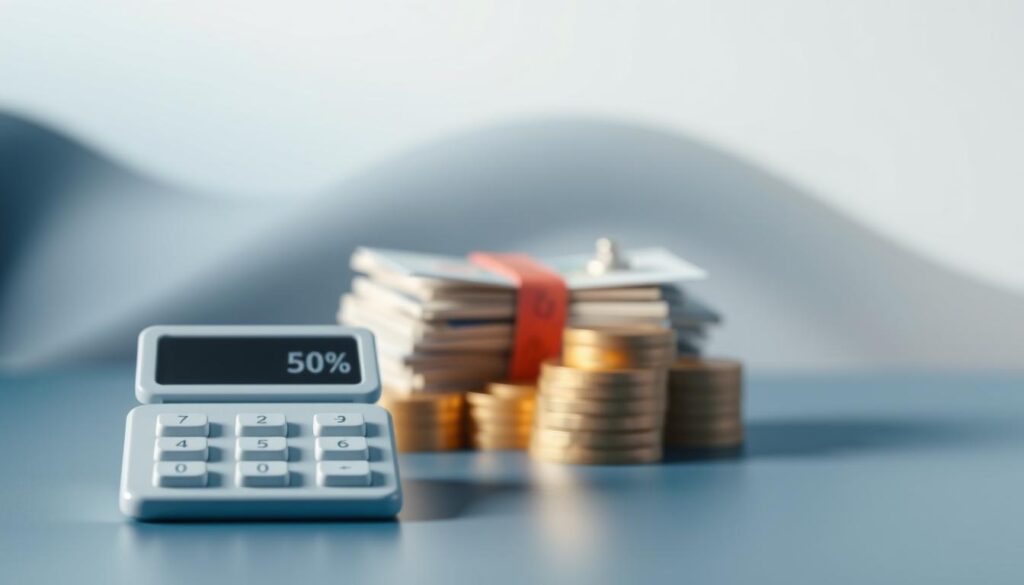 a detailed 3D illustration of an effective interest rate, with a sleek, minimalist design. The foreground features a clean, modern calculator display prominently showing the interest rate percentage, with a sharp, crisp font. The middle ground showcases a stack of currency notes and coins, symbolizing the financial impact of the interest rate. The background has a soft, blurred gradient in shades of blue and gray, conveying a sense of stability and reliability. Lighting is soft and diffused, creating subtle shadows and highlights that enhance the overall aesthetic. The composition is balanced and visually appealing, drawing the viewer's attention to the key elements.