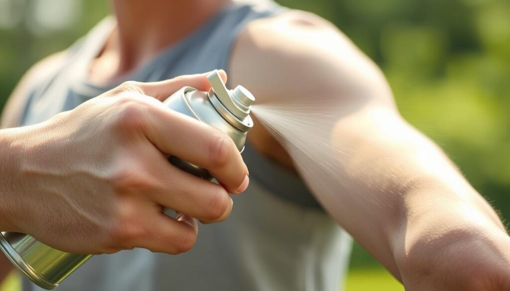 a detailed shot of a person's hand spraying a mosquito repellent on their arm, captured with a close-up lens in natural daylight. the can of repellent is held firmly, with the nozzle pointed towards the skin, producing a fine mist that disperses evenly. the hand is positioned prominently in the foreground, with the arm and a portion of the person's torso visible in the middle ground. the background is blurred, creating a sense of focus on the application process. the lighting is soft and diffused, highlighting the texture of the skin and the translucent quality of the repellent spray. the overall tone is informative and instructional, conveying the proper technique for using mosquito repellent safely and effectively.